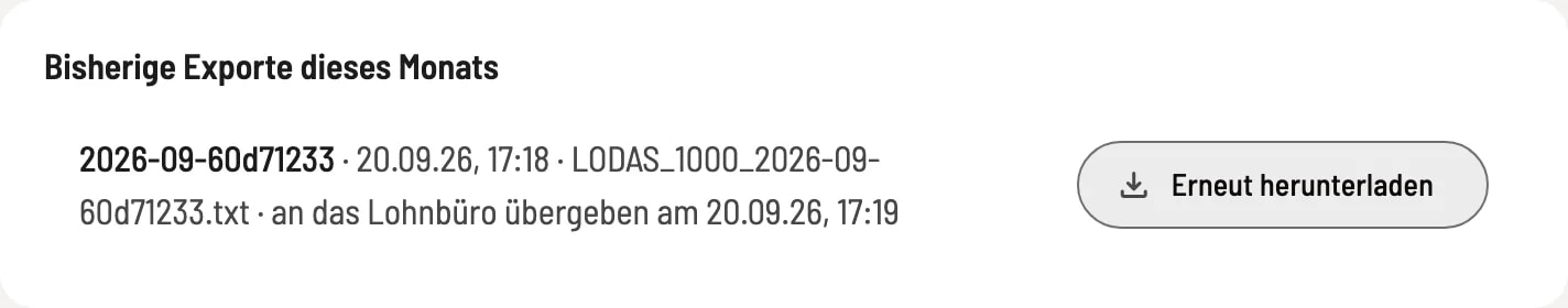 Section: Previous exports this month with export ID, time, file name, note of transfer to the payroll department and the "Download again" button.