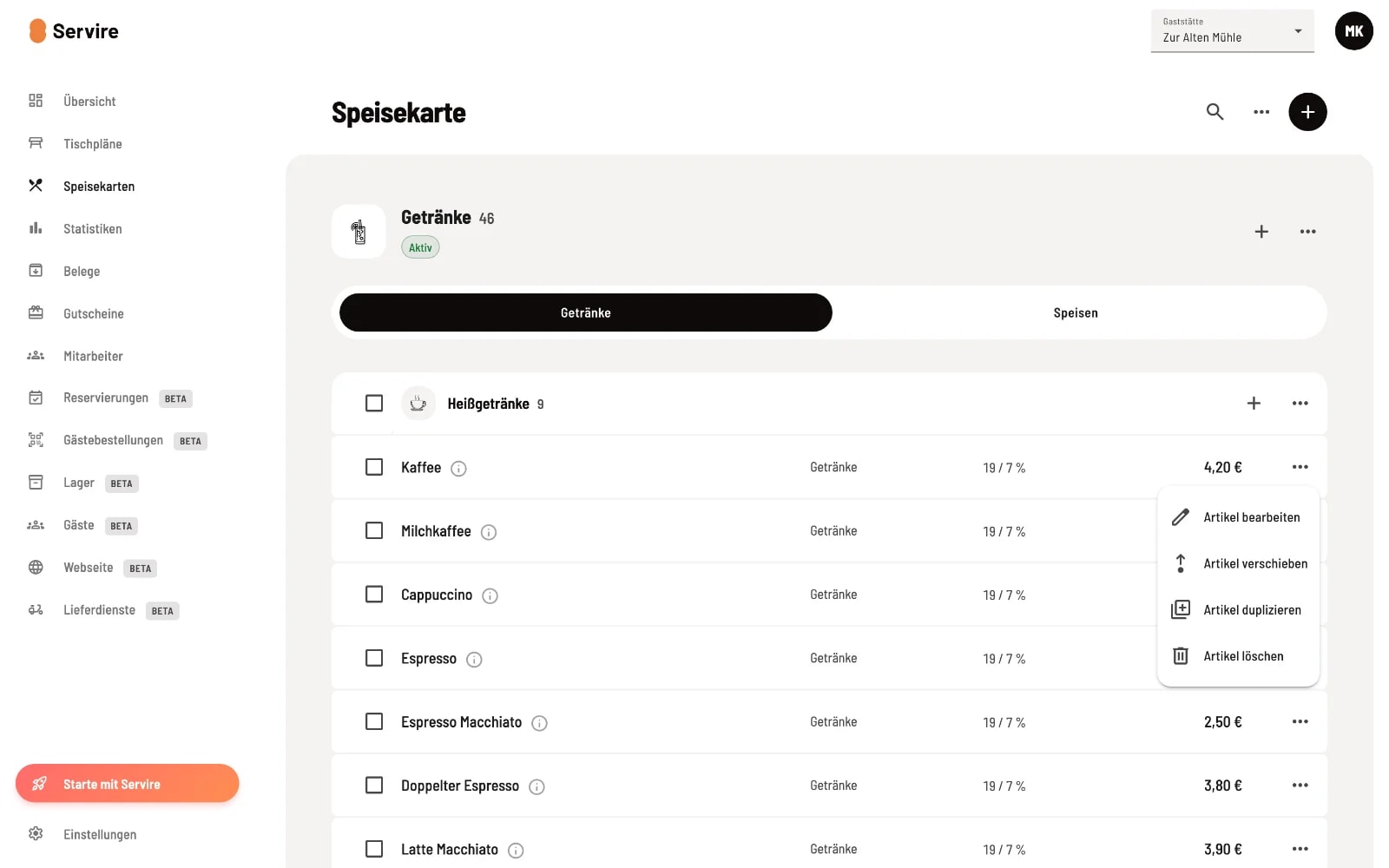 Kontext-Menü eines Artikels mit den Optionen Artikel bearbeiten, Artikel verschieben, Artikel duplizieren, Artikel löschen
