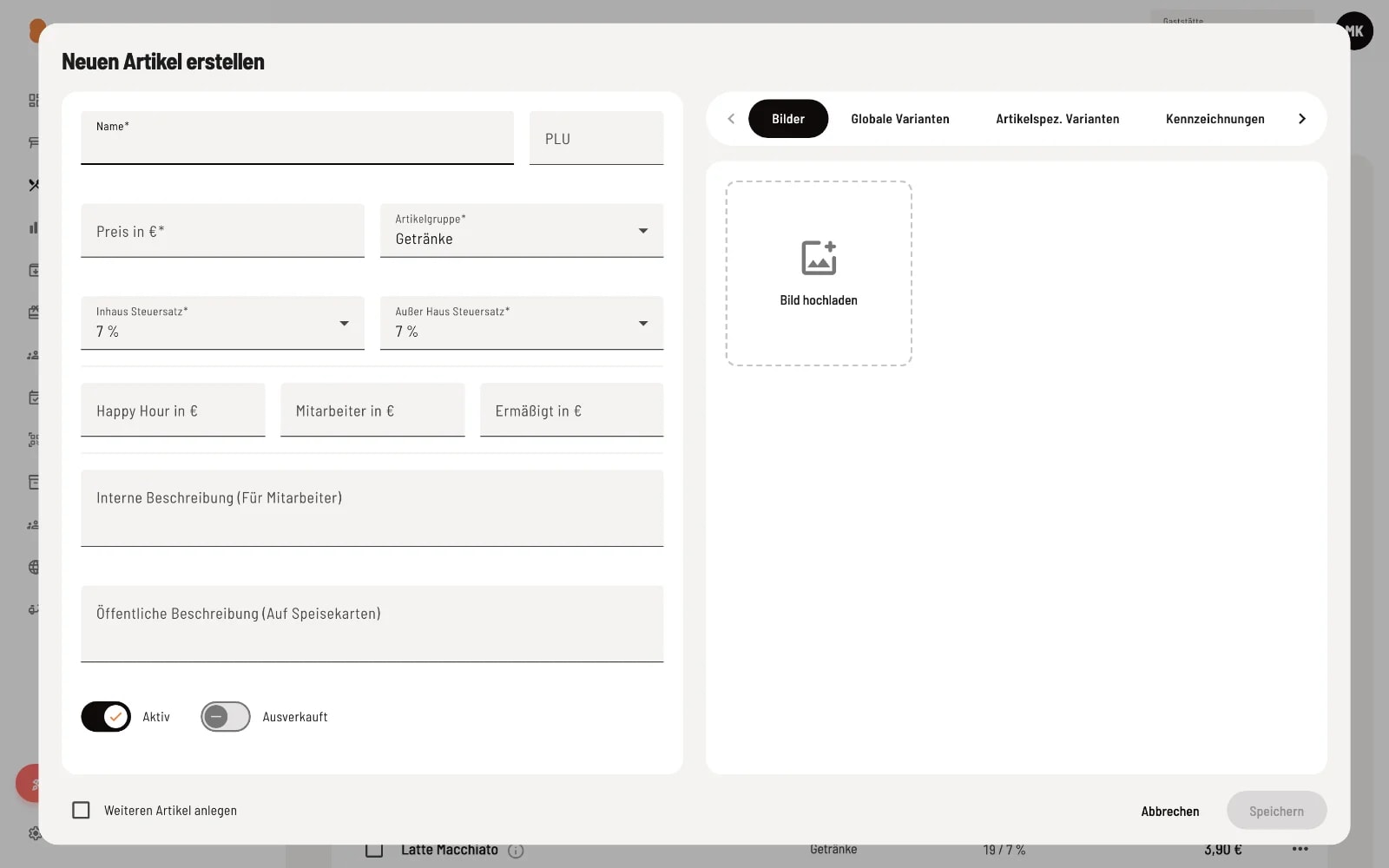 Dialog Neuen Artikel erstellen mit Feldern für Name, PLU, Preis, Artikelgruppe, Steuersätze, Beschreibungen, Aktiv- und Ausverkauft-Schalter sowie Tabs für Bilder, Globale Varianten, Artikelspezifische Varianten und Kennzeichnungen