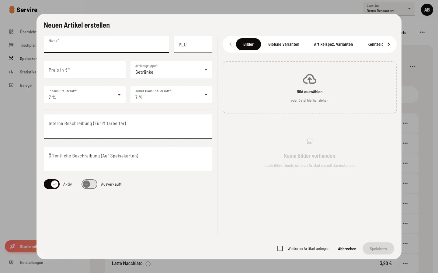 Dialog Neuen Artikel erstellen mit Feldern für Name, PLU, Preis, Artikelgruppe, Steuersätze, Beschreibungen, Aktiv- und Ausverkauft-Schalter sowie Tabs für Bilder, Globale Varianten, Artikelspezifische Varianten und Kennzeichnungen