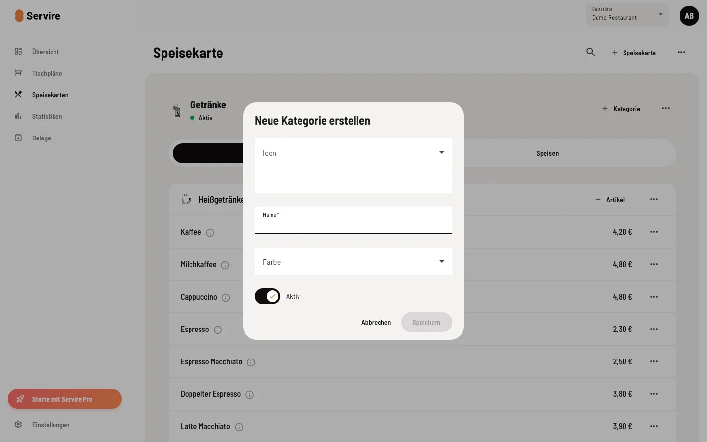 Dialog Neue Kategorie erstellen mit Icon-Auswahl, Namensfeld, Farbauswahl und Aktiv-Schalter
