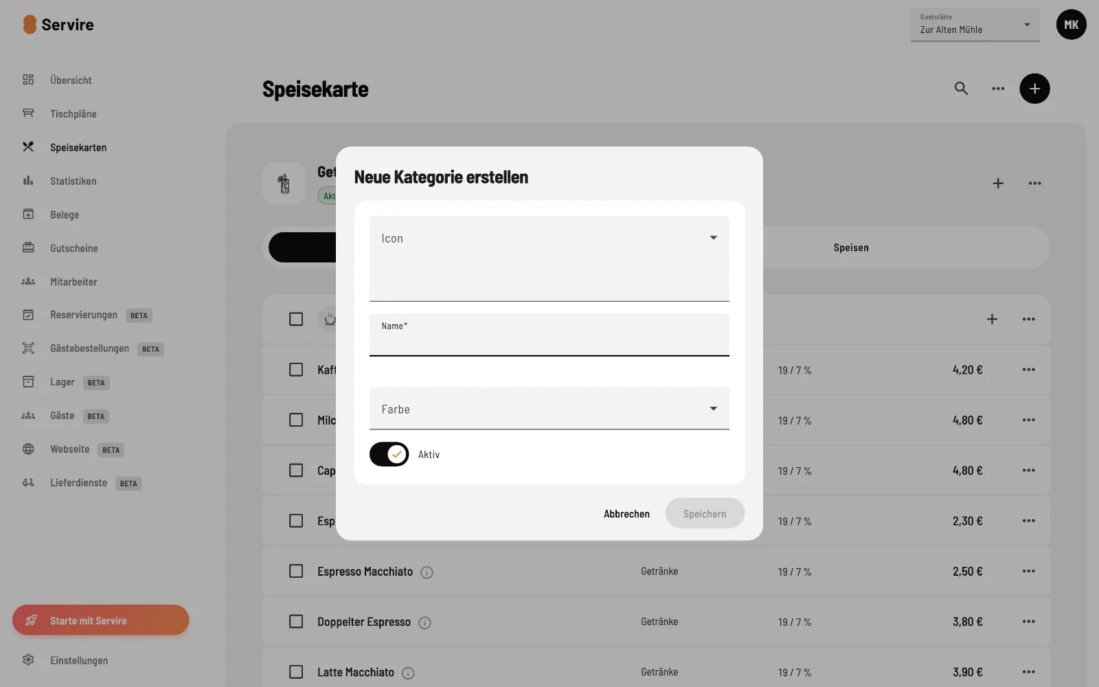 Dialog Neue Kategorie erstellen mit Icon-Auswahl, Namensfeld, Farbauswahl und Aktiv-Schalter