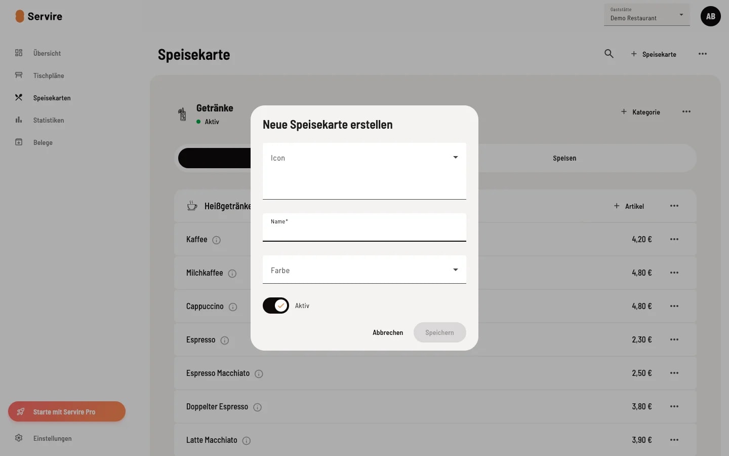 Dialog Neue Speisekarte erstellen mit Icon-Auswahl, Namensfeld, Farbauswahl und Aktiv-Schalter