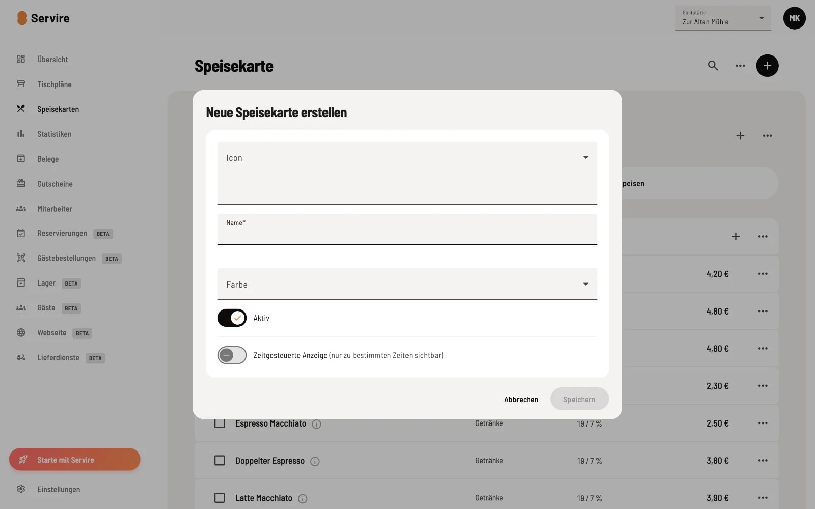 Dialog Neue Speisekarte erstellen mit Icon-Auswahl, Namensfeld, Farbauswahl und Aktiv-Schalter