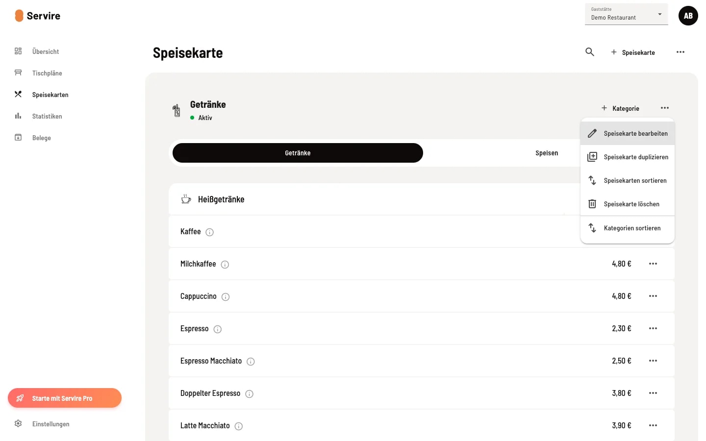 Kontext-Menü einer Speisekarte mit den Optionen Speisekarte bearbeiten, Speisekarte duplizieren, Speisekarten sortieren, Speisekarte löschen, Kategorien sortieren