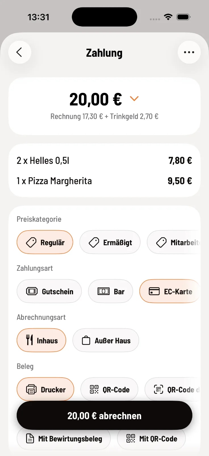 Betrag inklusive Trinkgeld eingeben