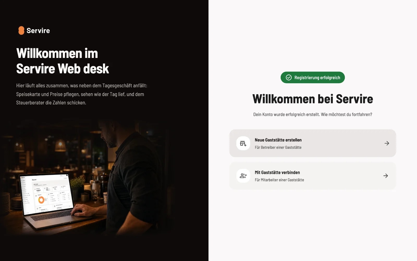 After registration: Create or connect a restaurant
