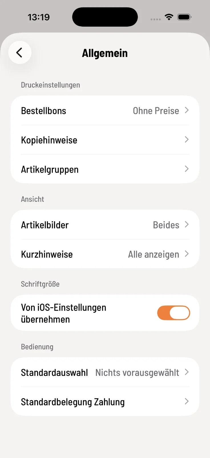 Allgemeine Einstellungen der Kassen-App