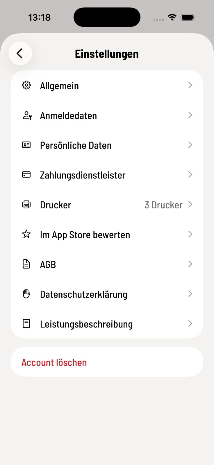 Delete account at the end of the app settings