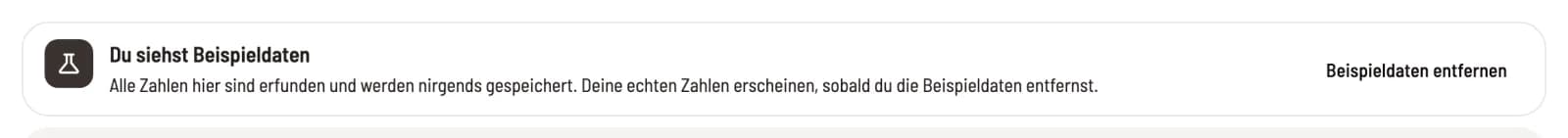 Hinweis „Du siehst Beispieldaten“ oben in der Statistik mit dem Knopf „Beispieldaten entfernen“