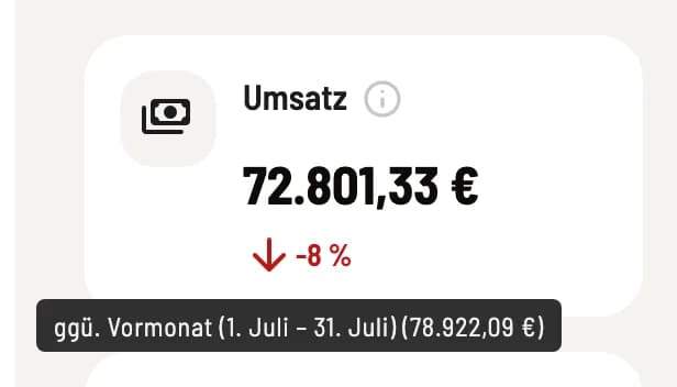 Umsatz-Kachel mit −8 % und dem Hinweis „ggü. Vormonat (1. Juli – 31. Juli)“
