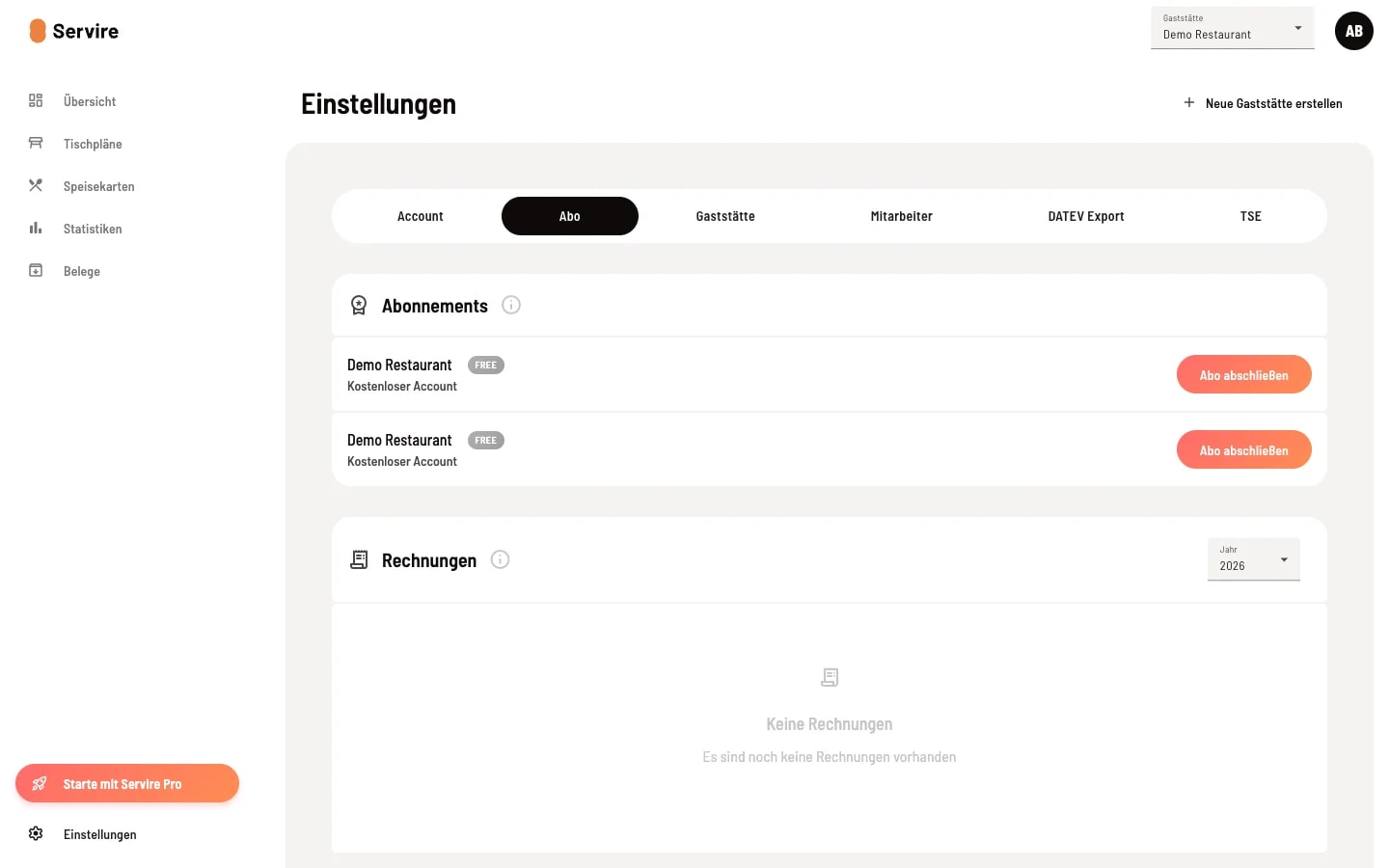 Servire Web desk Einstellungen Abo-Tab mit Liste aller Gaststätten im Free-Tarif und Abo-abschließen-Buttons