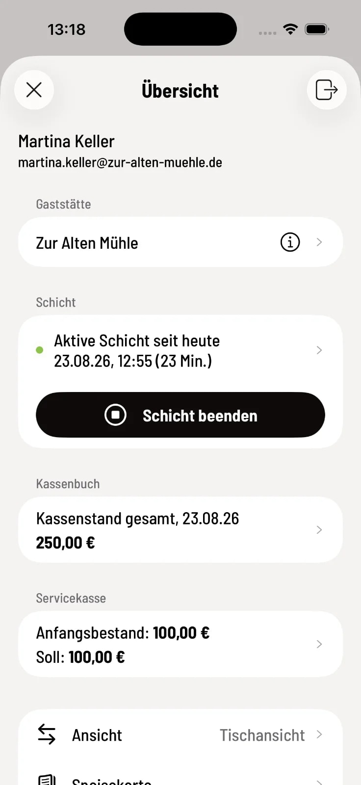 Die Uebersicht mit Gaststaette, Schicht und Kassenbuch