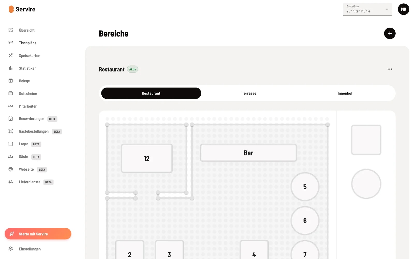 Areas and table plan in the web desk