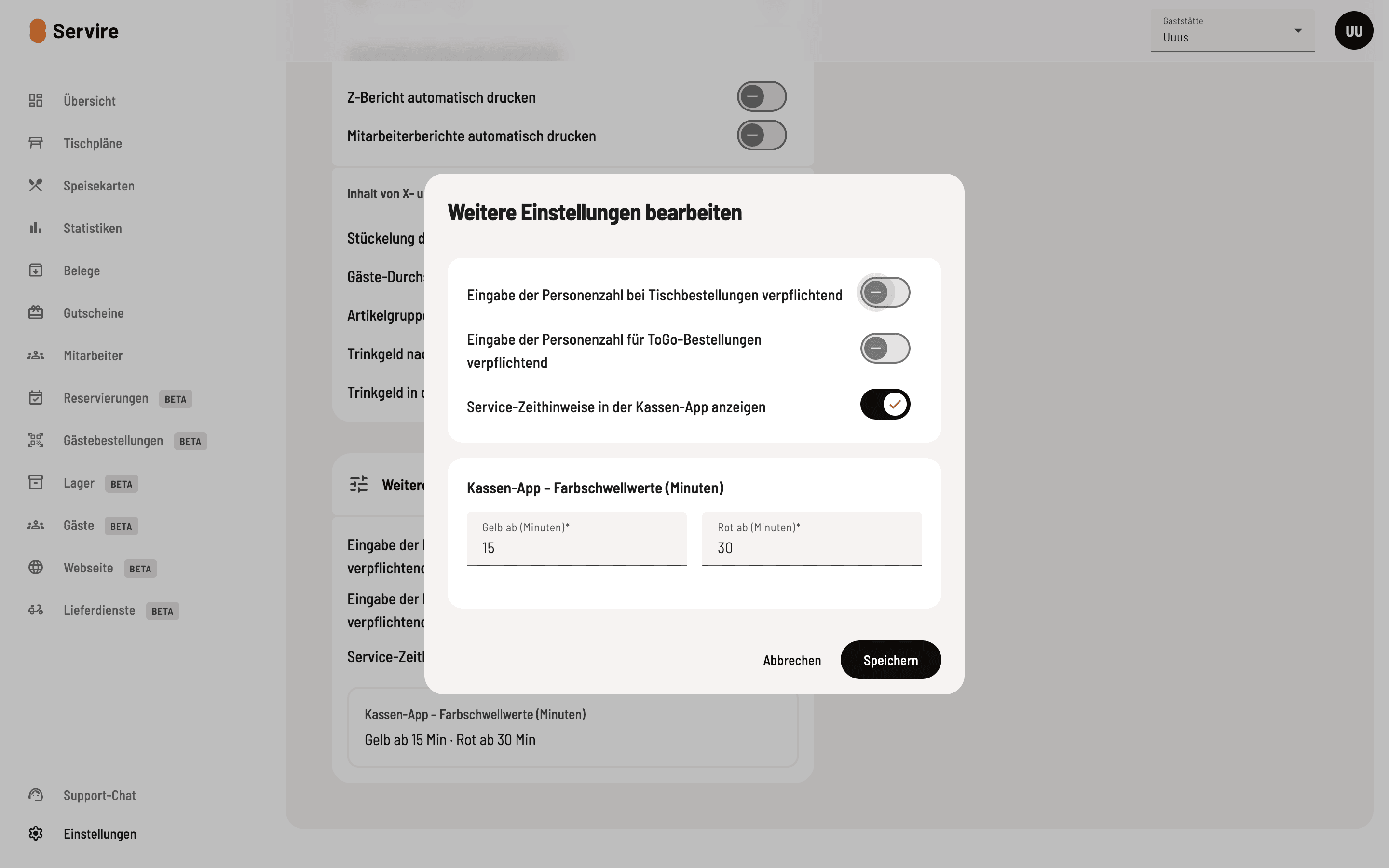 Personenzahl und Zeithinweise festlegen